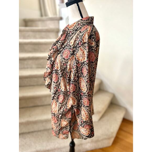 Ralph Lauren Black Orange Paisley Block Print Cotton Ruffle Button Down - Picture 2 of 7